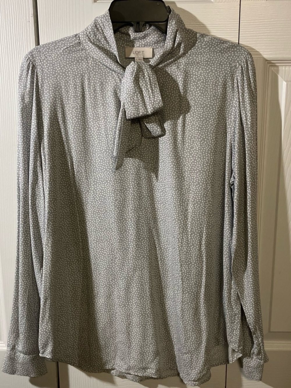 LOFT Light Gray Dot Tie-Neck Blouse